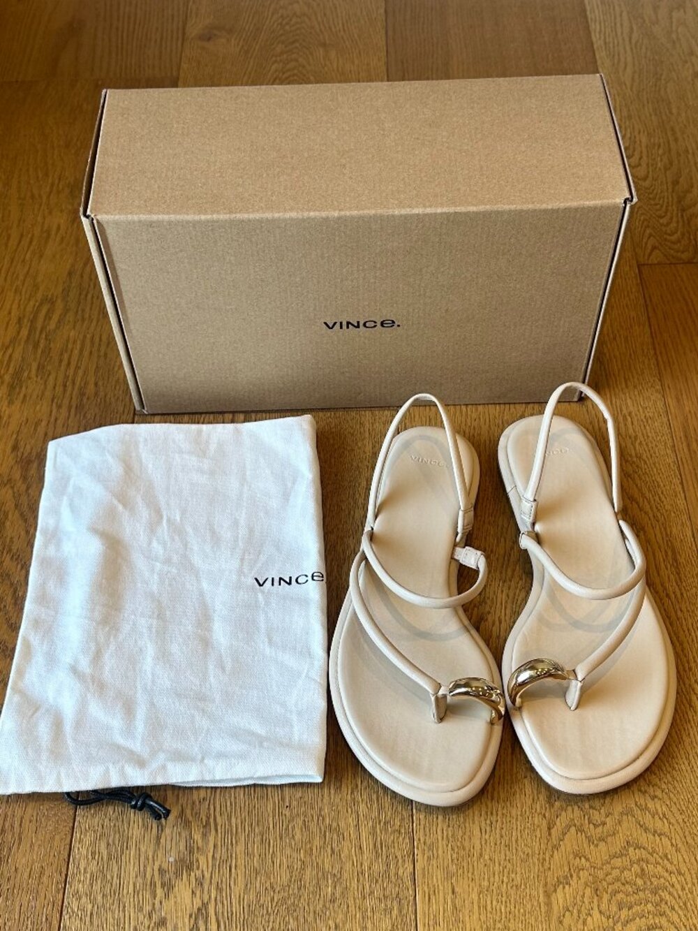 VINCE Lucile Leather Gold-Tone Toe-Ring Slingback Sandals (Birchsand) - Picture 6 of 16